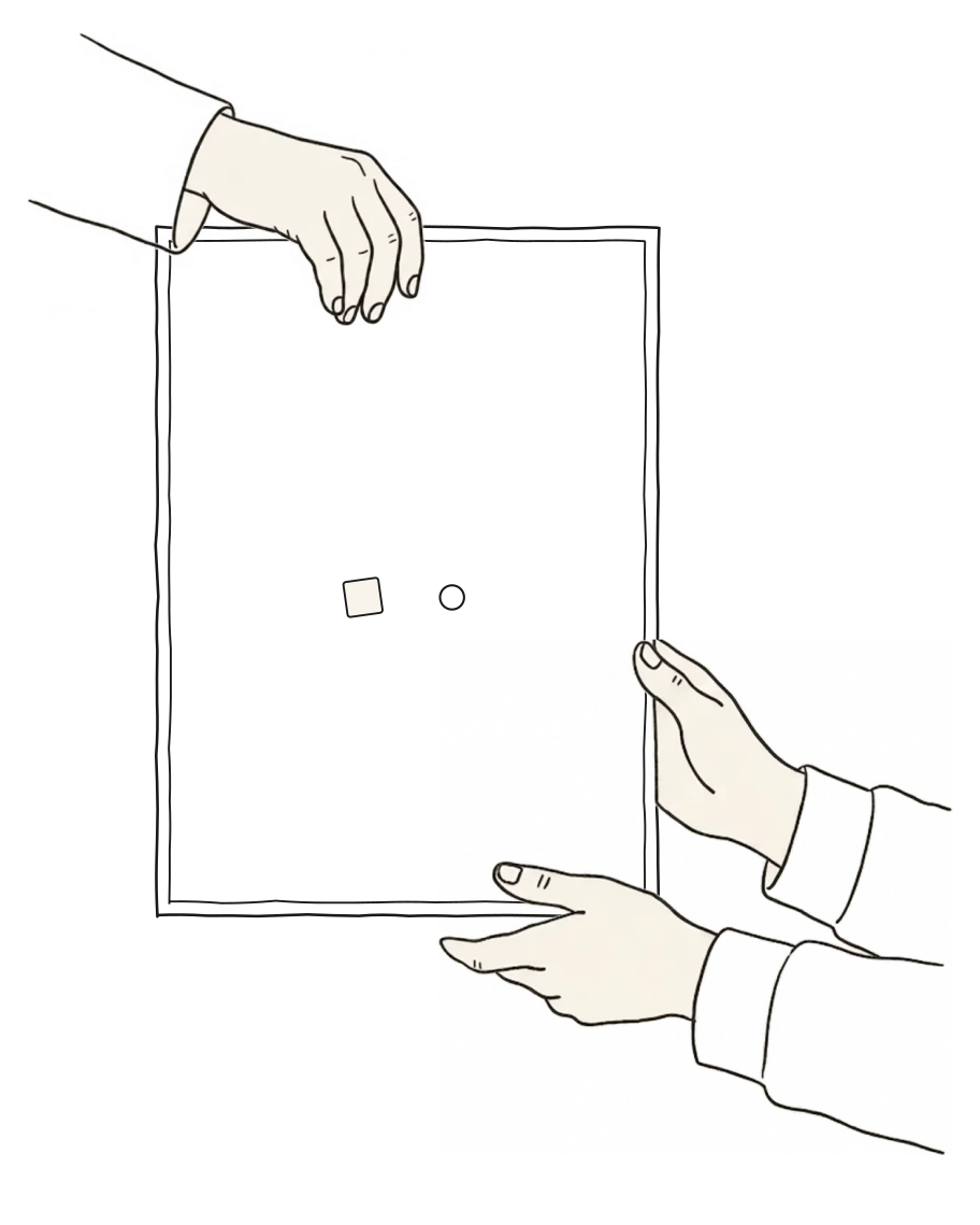 Line drawing: one hand passes the camera down, two other hands reach up to take it.