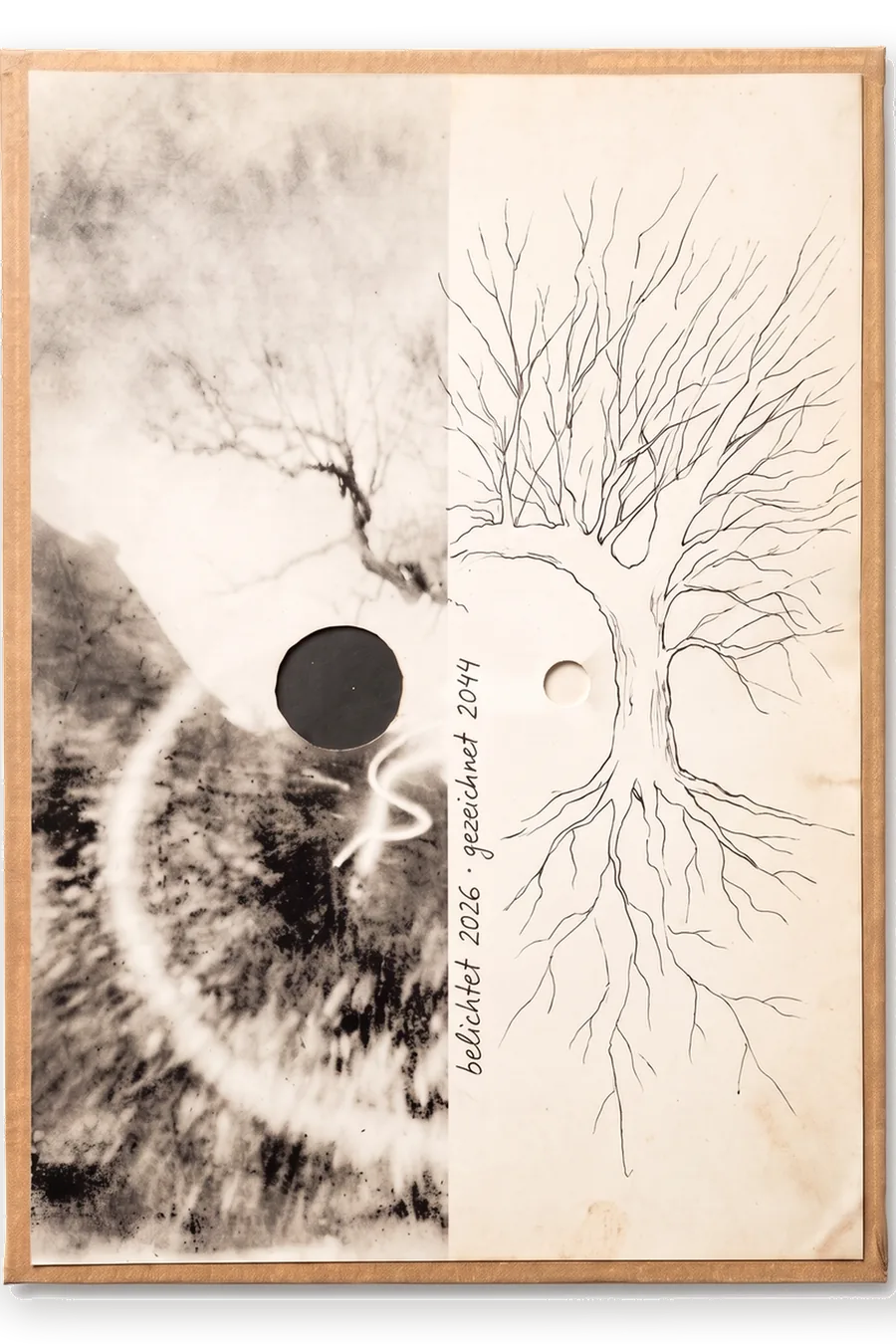 Finished Both In Time board: a developed pinhole photo on the left, a hand-drawn tree on the right.