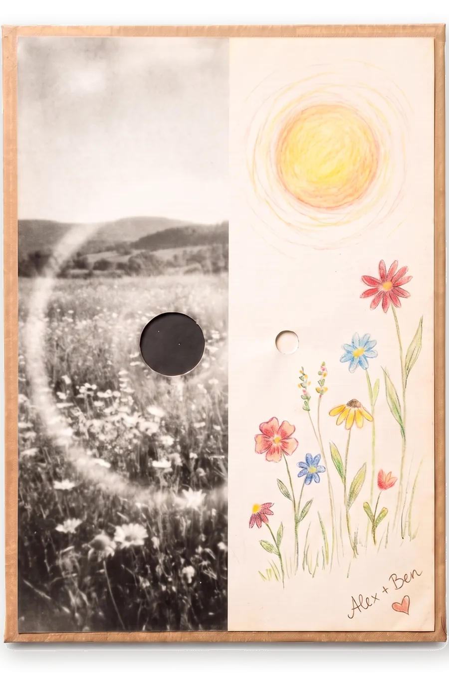 Finished board: one half a developed photo, one half a colour drawing of a sun and flowers.