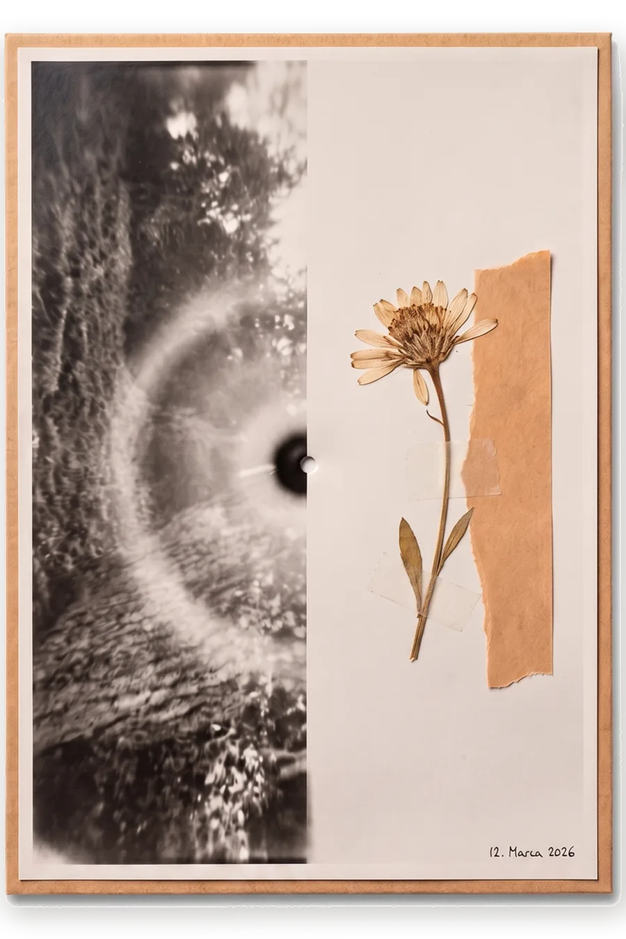 Finished board: a developed image beside a glued-in pressed flower and coloured paper.