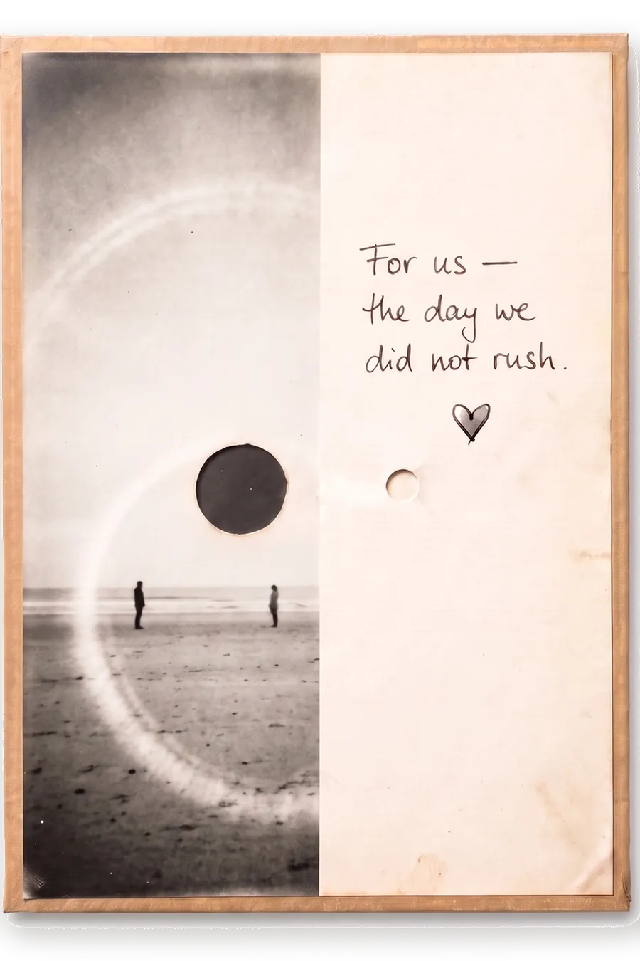 Finished board: one shared coffee-developed image of two people at the sea, with a handwritten note.
