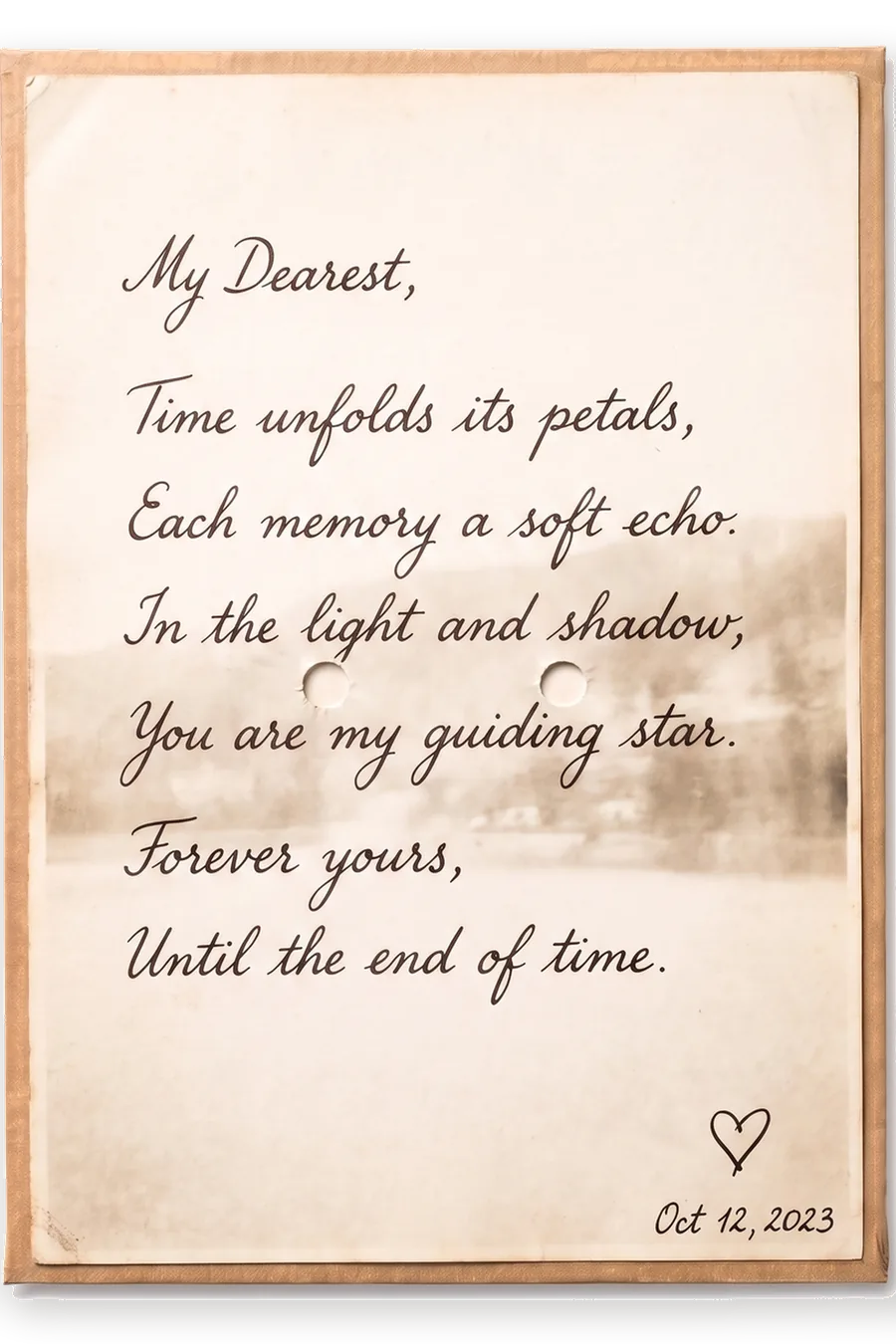 Finished board: a handwritten poem in ink, with a small heart and a date.