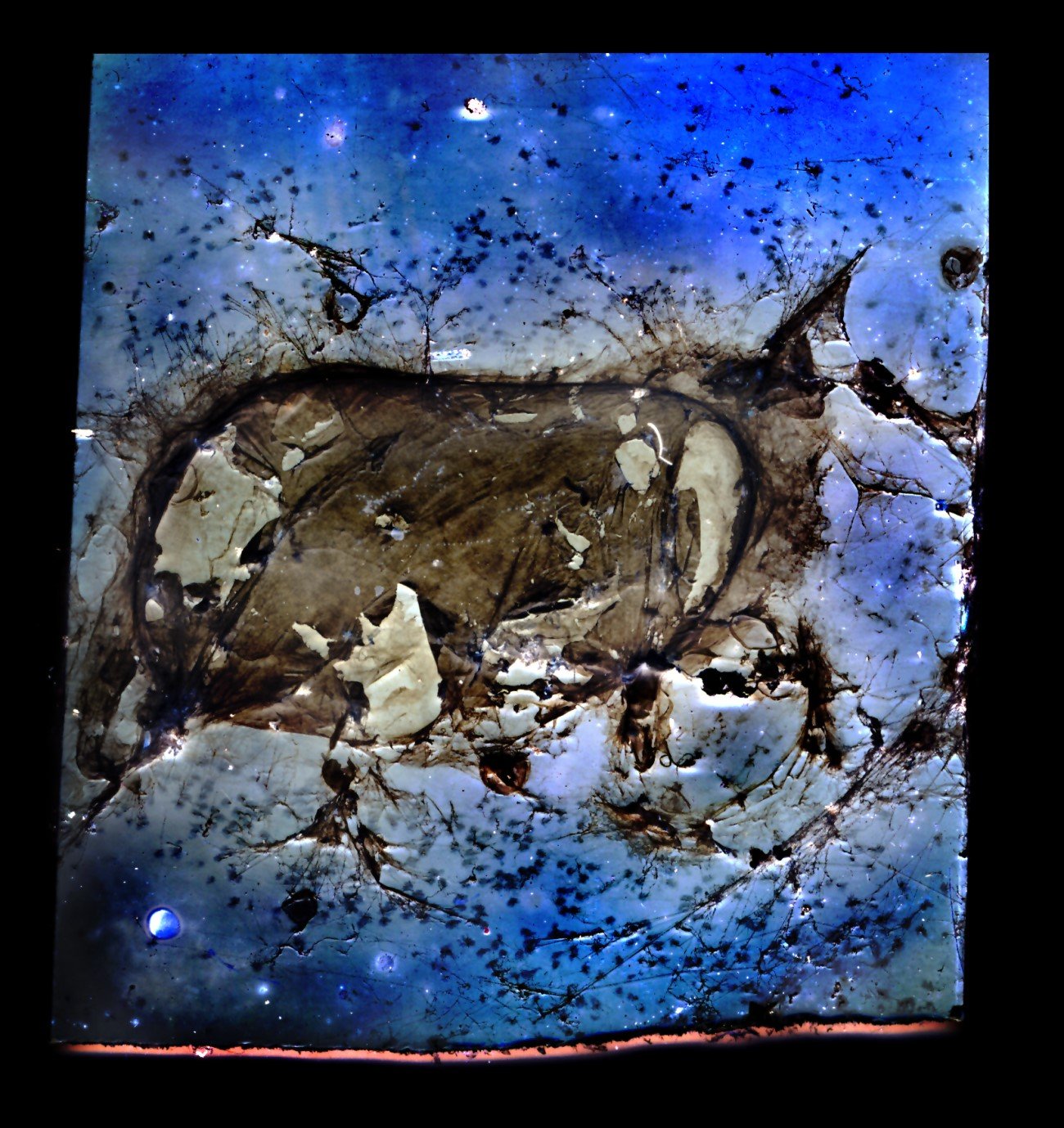 Heavily weathered photo paper from an eight year exposure: brown and blue streaks, scratches and bright patches, with the dark trace of the subject in between.
