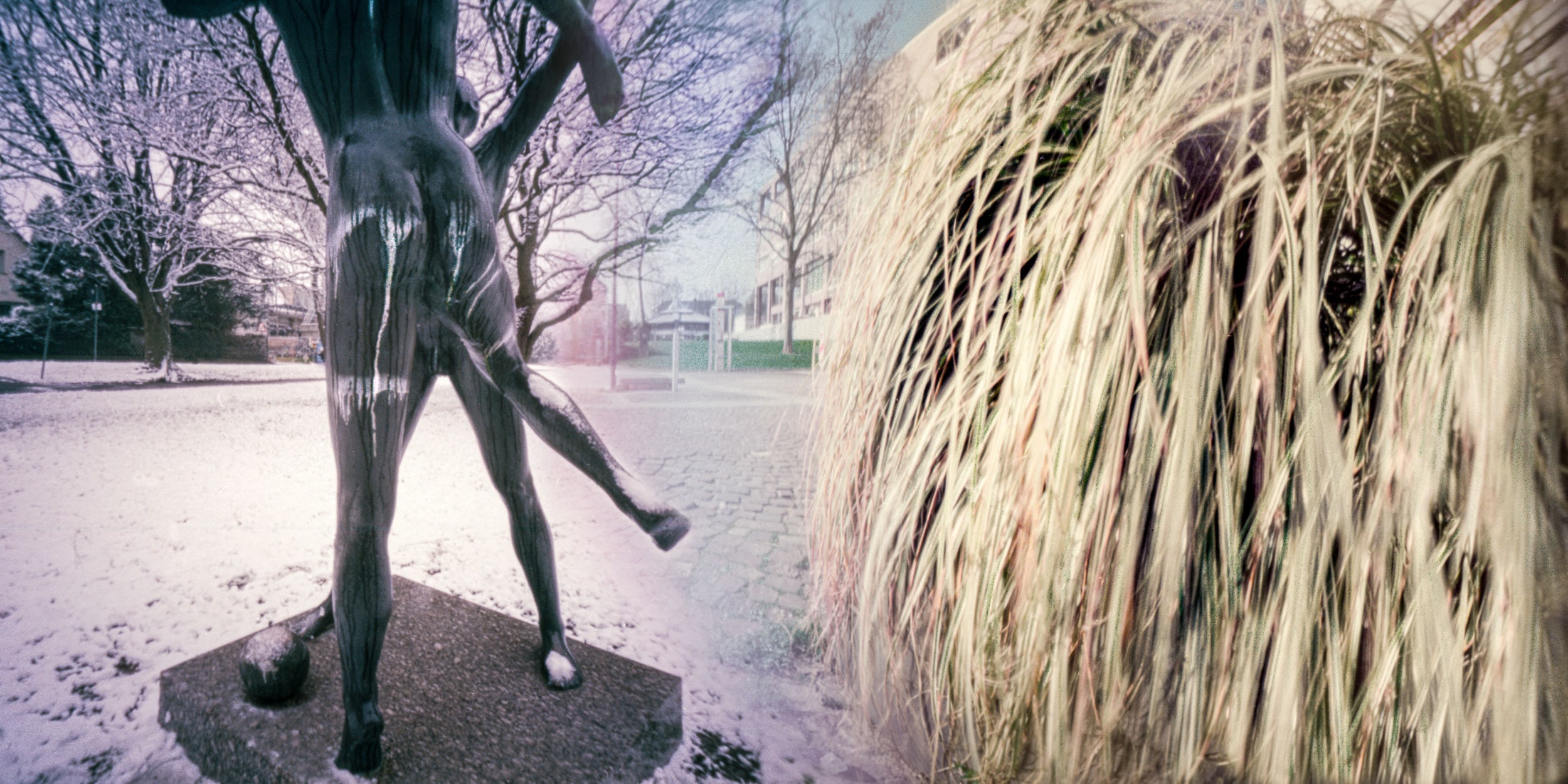 Pinhole photograph: a metal figure beside tall grass